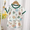 Conjunto de pijamas com estampa de dinossauro para meninos e meninas, camiseta e shorts infantis, terno infantil, verão, novo, 2 peças
