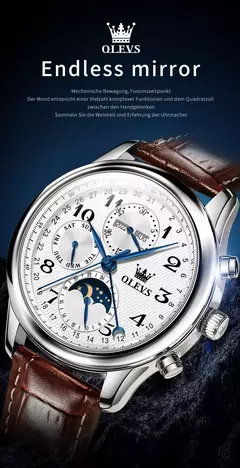 OLEVS-Relógio de pulso mecânico automático masculino, Moon Phase, Calendário, Impermeável, Aço inoxidável, Pulseira de couro, Original