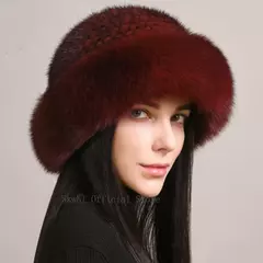 Imagem do Chapéu de pele de vison genuíno para mulheres gorro de malha natural de luxo chapéu de malha artesanal pele de raposa real moda inverno quente, novo