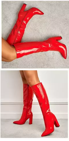 Botas de couro com pontas aneikeh para mulheres, botas até o joelho com saltos grossos, padrão crocodilo, zíper lateral, primavera e outono, 2021 - loja online