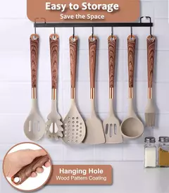 Lmetjma-Conjunto De Utensílio De Cozinha De Silicone, Utensílio De Cozinha Com Suporte De Utensílios, Alças De Padrão De Madeira, Panelas Antiaderentes, JT264, 10 Pcs