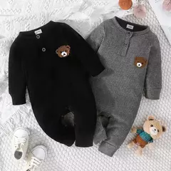 Urso dos desenhos animados Tiny Button Onesies para o bebê recém-nascido, macacão infantil de manga comprida, macacão infantil, 0 a 18 meses na internet