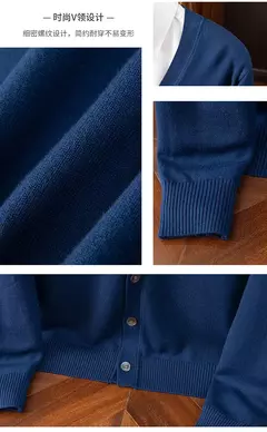 Casaco de caxemira merino masculino, cardigã com decote em v, cor sólida, casaco de malha acolchoado, quente, casual, outono, inverno, 100%, 2024