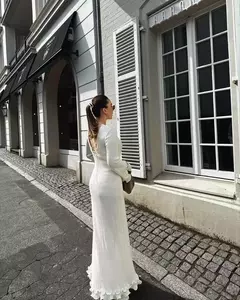 Imagem do Elegante vestido de malha de manga comprida feminino, gola redonda, vestes finas brancas, vestidos de festa femininos, moda feminina, verão, outono, novo, 2022