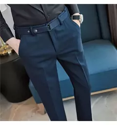 Calça formal masculina estilo britânico, monocromática, fina, casual, de negócios, escritório, social, calça de tornozelo, streetwear, alta qualidade na internet