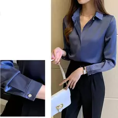 Imagem do Blusa feminina de cetim de seda manga longa, camisa feminina, tops básicos, roupas femininas OL, moda feminina, 2023