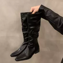Botas altas para o joelho feminino, sapatos femininos, dobras deslizantes, salto baixo, dedo do pé redondo, plano, longo, moda, outono, inverno - loja online