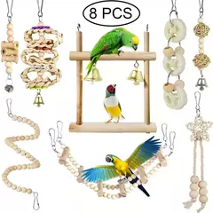 8 pçs conjunto combinação papagaio pássaro brinquedos artigos de madeira mordida pet pássaro brinquedos para papagaio treinamento pássaro brinquedo balanço bola sino em pé