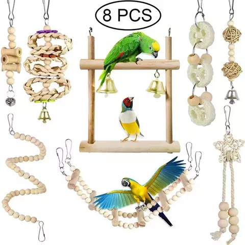 8 pçs conjunto combinação papagaio pássaro brinquedos artigos de madeira mordida pet pássaro brinquedos para papagaio treinamento pássaro brinquedo balanço bola sino em pé