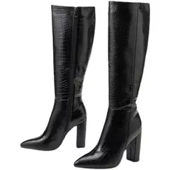 Botas de couro com pontas aneikeh para mulheres, botas até o joelho com saltos grossos, padrão crocodilo, zíper lateral, primavera e outono, 2021 na internet