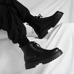 Botas de couro antiderrapante masculinas, dedo do pé redondo impermeável, calçado casual com cordões, sola grossa e sapatos altos confortáveis - comprar online