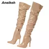 Aneikeh-Botas Chelsea de couro acima do joelho para mulheres, salto alto fino, zíperes laterais, sapatos femininos sexy, saltos sólidos, na moda