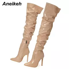 Aneikeh-Botas Chelsea de couro acima do joelho para mulheres, salto alto fino, zíperes laterais, sapatos femininos sexy, saltos sólidos, na moda