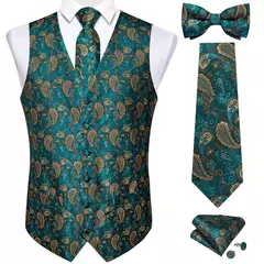 Imagem do Festa de casamento ouro colete paisley floral jacquard colete masculino 4 pçs colete gravata lenço anel hanky abotoaduras conjunto dibangu