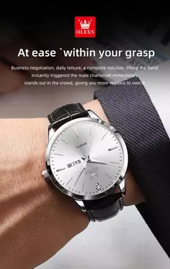 OLEVS-Relógio Quartz Masculino, Relógio de Pulso em Couro, Big Dial, Calendário Duplo, Impermeável, Luminoso, Top Brand, Moda, 2935, 43mm