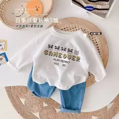 Camiseta infantil de manga comprida, algodão puro, camisa base, desenho animado estampado, primavera e outono, bebê, meninos e meninas na internet