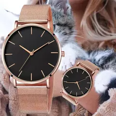Relógio de pulso de malha de aço inoxidável feminino, feminino Fashion, Casual, Simples, Quartzo, Hora de Metal, Feminino, Preto - Wolf Magazine