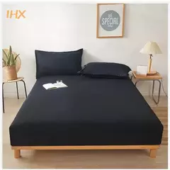 Imagem do 100% algodão cabido folha de cama com faixa elástica cor sólida anti-deslizamento ajustável colchão capa para cama única dupla rei rainha