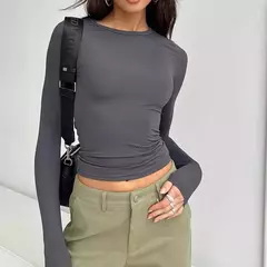 Imagem do Camisetas casuais de manga comprida femininas, streetwear feminino, camiseta de base, pulôveres, tops slim fit, monocromáticas, primavera, outono
