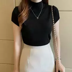 Mulheres topos e blusas verão manga curta blusa feminina blusas mujer de moda 2024 gola alta blusa de malha camisa topos c931 - comprar online