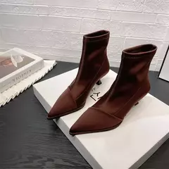 Elegante bota feminina de salto alto fino, dedo apontado de cetim, botins glamorosos elásticos, elegância curta, nova - loja online