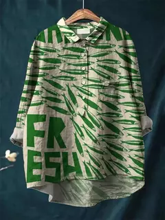 Sardinha de peixe retrô casual feminina arte camisa de bolso manga longa, camisas estampadas estilo havaiano, tops com gola v, verão - Wolf Magazine