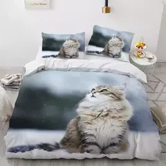 Conjunto de cama 3D gato para meninas e meninos, edredão de poliéster, fronha,