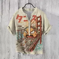 Camiseta casual de manga curta estampada masculina, camisa Henry estilo japonês