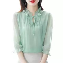 Chiffon blusa com gola pétala para as mulheres, blusa solta e casual, meia manga, gravata borboleta, nova moda, primavera verão, tamanho m a 4xl, 2024