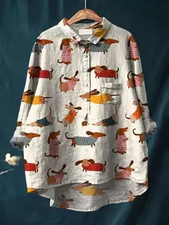 Imagem do Sardinha de peixe retrô casual feminina arte camisa de bolso manga longa, camisas estampadas estilo havaiano, tops com gola v, verão