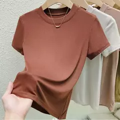 Imagem do Camiseta de manga curta de gola redonda feminina, blusa casual, camiseta monocromática, plus size, roupas sexy e finas, moda verão