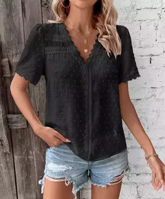 Benuynffy-Blusa de renda com decote em v feminina, ponto suíço, tops sólidos, manga curta, boho, doce, casual, moda feminina, verão, novo, 2024 na internet