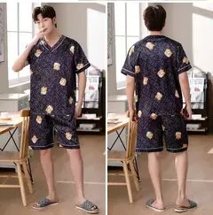 Conjunto de pijama de seda gelo manga curta masculino, pijama casual fino de simulação, tamanho grande, roupa para casa, verão, 2 peças - comprar online