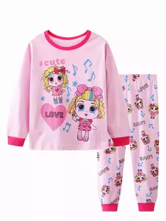Desenhos animados unicórnio impressão algodão pijama conjuntos para meninas, gola casual, rosa, 2pcs - Wolf Magazine
