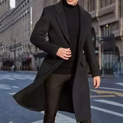 Casaco de lã de comprimento médio masculino, sobretudo masculino, manga longa, botões, gola de lapela, monocromático, outono, inverno - Wolf Magazine