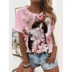 Camiseta explosiva estampada em girassol 3D para mulheres, gola redonda, fosca, flor, moda, novo produto, 2024 - comprar online