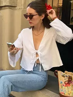 Imagem do Camisas femininas com laço de linho e algodão com renda, blusa solta de manga longa com decote V profundo, blusa casual feminina, primavera e verão