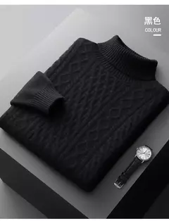 Pulôver Jacquard de cadeia dupla para homens, suéter de gola alta, camisa de fundo de malha 100% lã merino nova, outono e inverno - loja online