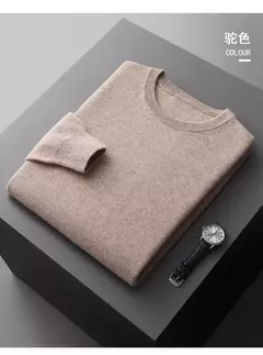 Imagem do Pulôver masculino de malha com mangas compridas, suéter 100% lã merino, top casual básico de cor sólida, moda