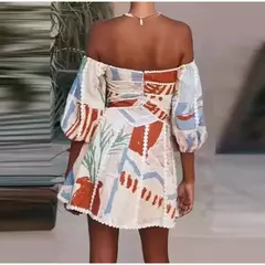 Mini vestido feminino estampado fora do ombro, manga de lanterna, patchwork, sem costas, vestidos ocos, streetwear de festa, verão, 2024