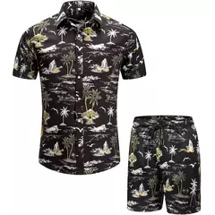Conjunto de camisa de praia casual de verão para homens, manga curta, estilo havaiano, estampado, shorts, design com cordão, moda, roupas masculinas