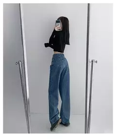 Jeans vintage drapejado de cintura alta feminino, calças de perna reta, jeans drapejado solto na internet