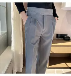 Estilo britânico dos homens de cintura alta vestido casual calça masculina cinto design calças finas formal escritório social vestido de festa de casamento terno calças - Wolf Magazine