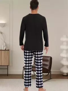 Imagem do Conjunto de pijama xadrez solto masculino, tops casuais, Homewear