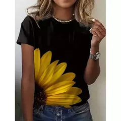 Camiseta explosiva estampada em girassol 3D para mulheres, gola redonda, fosca, flor, moda, novo produto, 2024 na internet