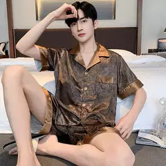 Pijama de cetim de seda manga comprida masculino, conjuntos de pijamas, calças pijama, shorts manga curta estampados para dormir, novo - Wolf Magazine