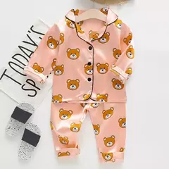 Conjunto de pijama cetim de seda gelo infantil, top e calça, ursinho desenho animado, bebê menina, primavera, verão