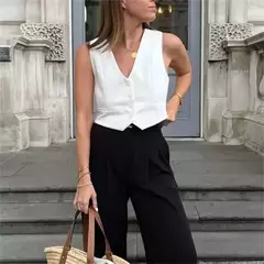 Colete feminino sem mangas TRAF, camiseta com decote em v, casacos curtos, terno de trabalho, preto e branco, moda verão na internet