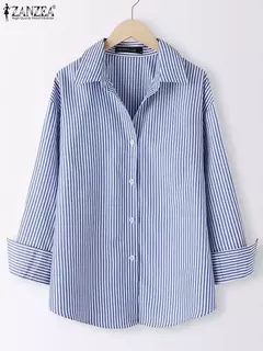 ZANZEA-Blusa feminina listrada de manga comprida, tops de túnica com botões, camisas elegantes, casual e elegante, verão, 2023