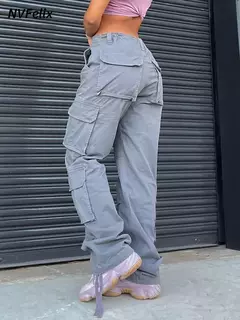Calça jeans larga de cintura alta feminina, calça cargo cinza, calça larga, moda casual, bolsos múltiplos, estilo de rua Hip Hop, mãe, vintage, verão na internet